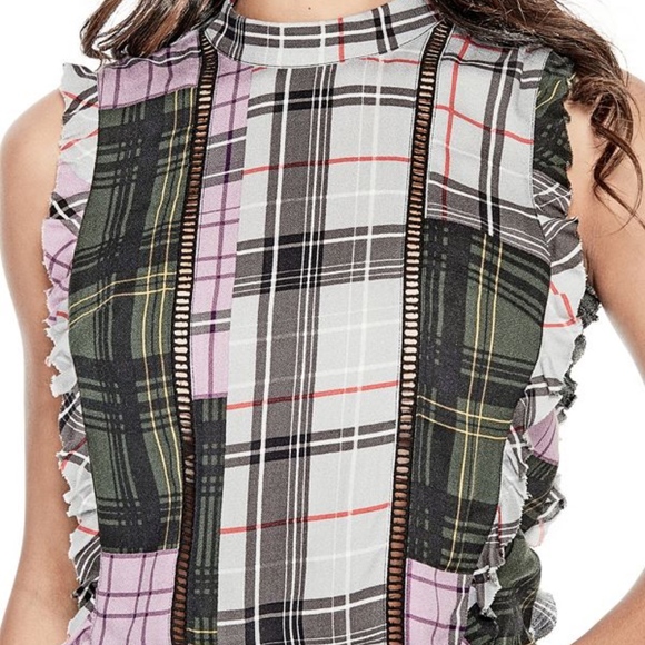 Guess Plaid Fringe Isabella Top - Picture 2 of 8